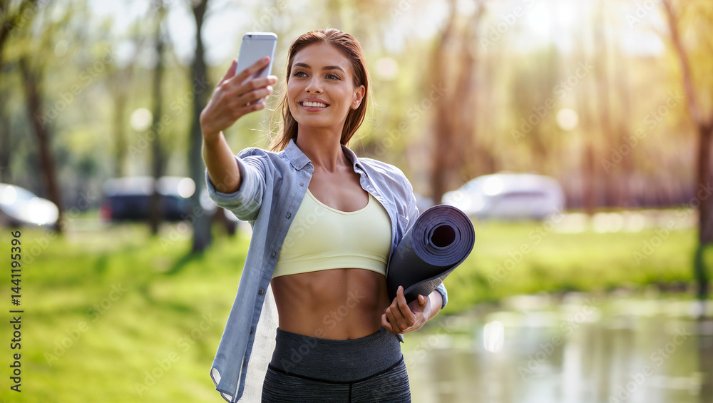 A woman is taking a selfie while holding a yoga mat in a park.
A woman is taking a selfie while holding a yoga mat in a park.
