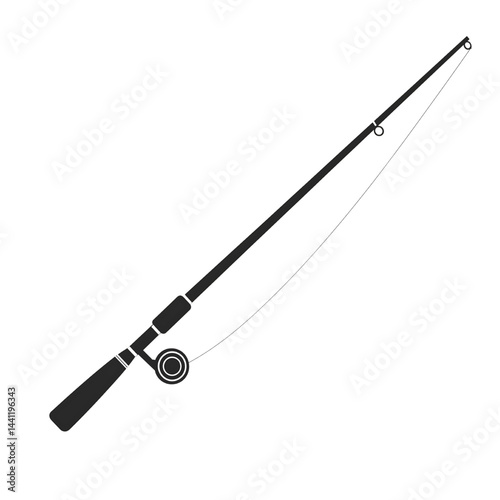 Traditional Fishing Rod and Gear Vector Illustration for Sport Fishing and Angling - Black and White Studio Shot of Isolated Marine Sports Equipment