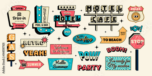 Retro sticker set. Motel signboards, direction signs, words, retro summer vibes and trip elements. Vector illustration in vintage style