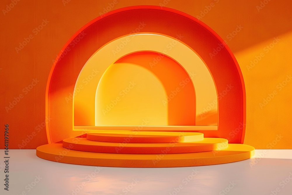 Obraz premium Bright orange and yellow semi-circular layered stage with soft shadows and warm lighting evoking a cheerful and vibrant atmosphere