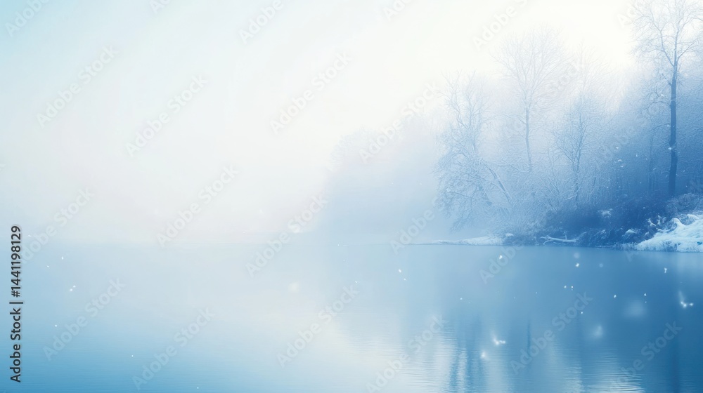 Fototapeta premium Snowy lake, misty trees, winter calm, background blur, tranquil scene