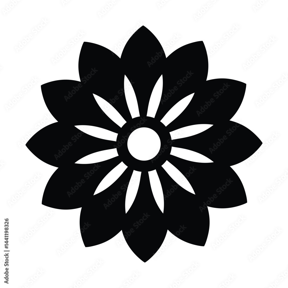 Round Petaled Flower Design Black Vector Silhouette