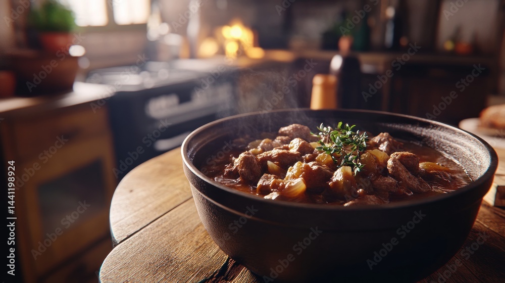 Rustic kitchen stew, steaming, wood table, fireplace Rustic kitchen stew, steaming, wood table, fireplace