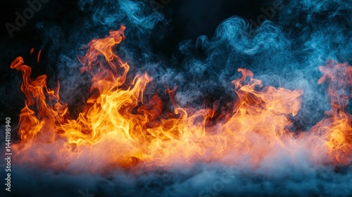 Fiery blaze with swirling smoke against a dark backdrop
