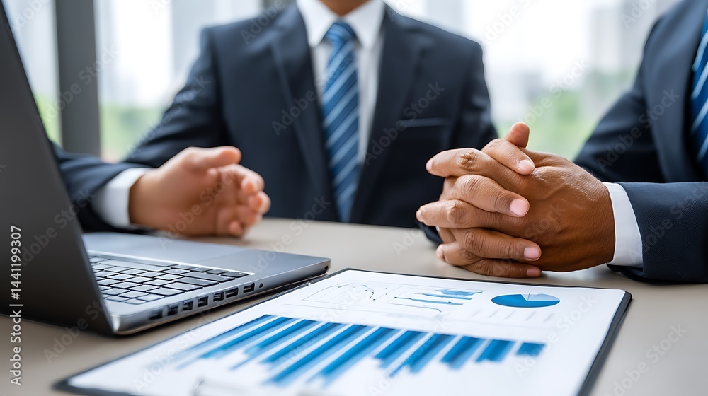 Businessmen reviewing financial data at meeting Businessmen reviewing financial data at meeting
