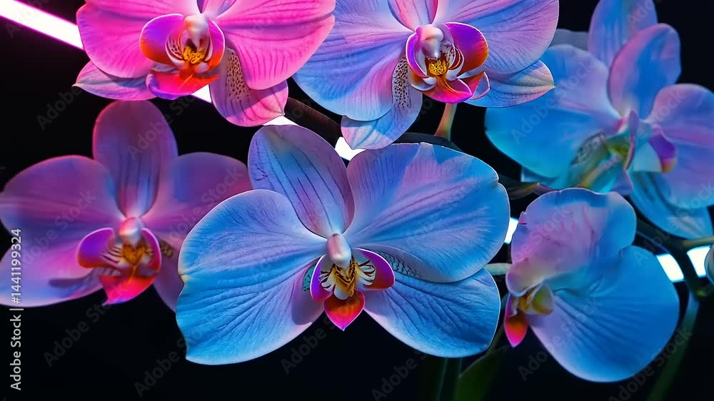 Vibrant orchids illuminated by colorful neon lights against a dark background, showcasing beauty