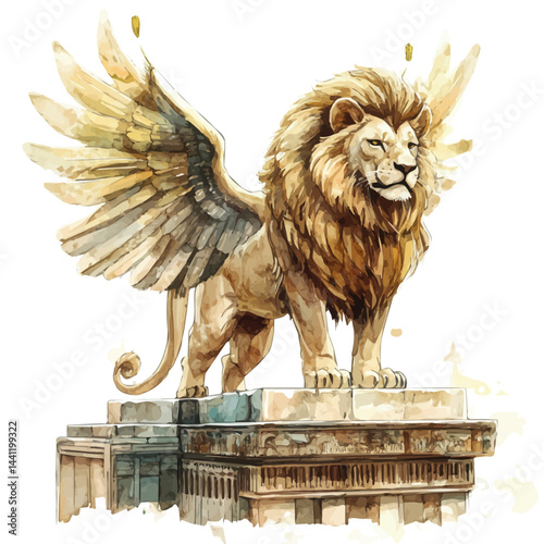 illustration of Giant Winged Lion Roaming An Ancient Temple, watercolor vector, isolated on a white background.