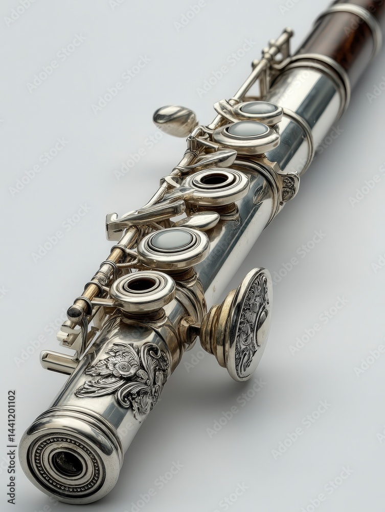 Fototapeta premium Elegant silver flute with intricate detailing and polished finish.