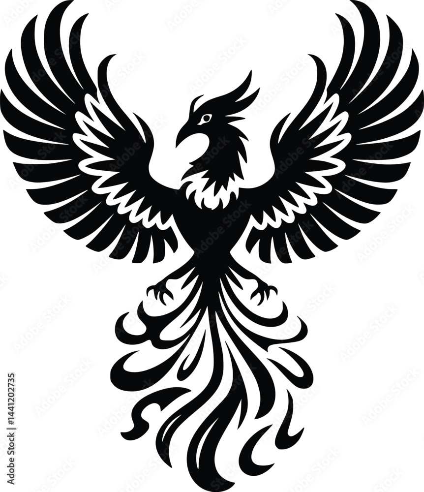 Obraz premium Black and white bold vector of a phoenix rising, isolated on white background.