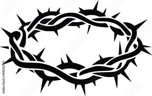 Black and white bold vector of a crown of thorns, isolated on white background.