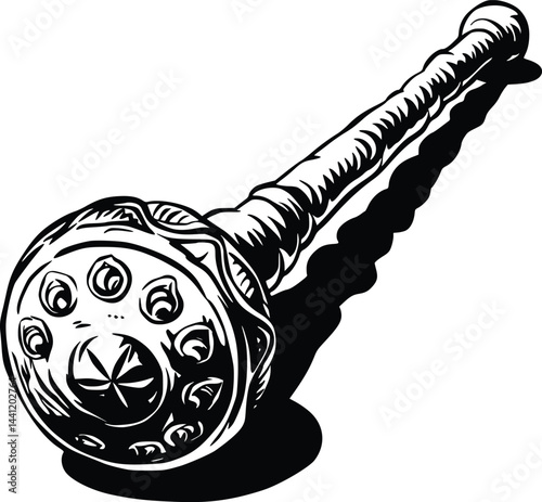 Black and white bold vector of a medieval mace, isolated on white background.