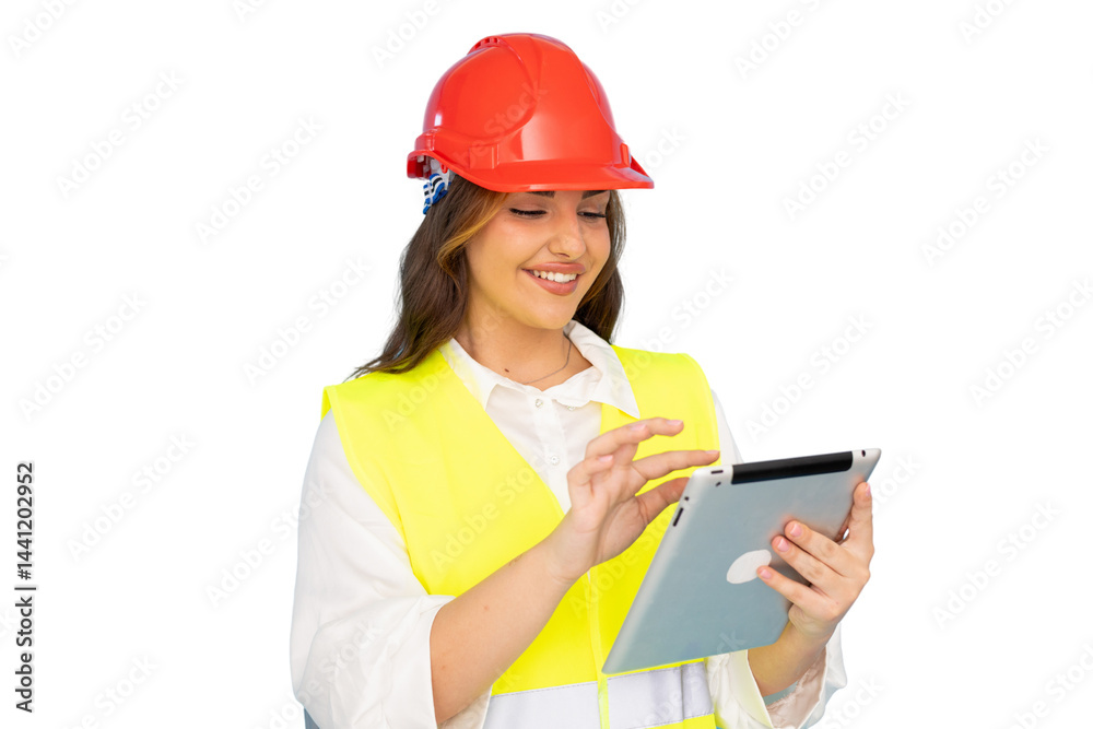 Young architect wearing safety helmet and vest using digital tablet with transparent background Young architect wearing safety helmet and vest using digital tablet with transparent background