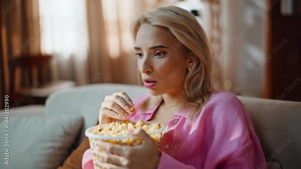 Tensed girl enjoy tv show resting at sofa modern house closeup. Scared woman Tensed girl enjoy tv show resting at sofa modern house closeup. Scared woman