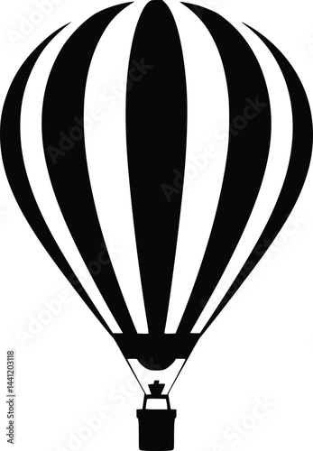 Black and white bold vector of a hot air balloon, isolated on white background.