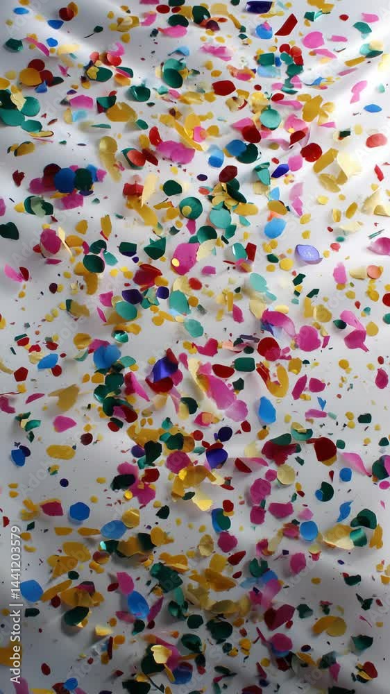 Celebratory confetti falling on white surface creating a festive atmosphere with vibrant colors and dynamic movement for party themes. Celebratory confetti falling on white surface creating a festive atmosphere with vibrant colors and dynamic movement for party themes.