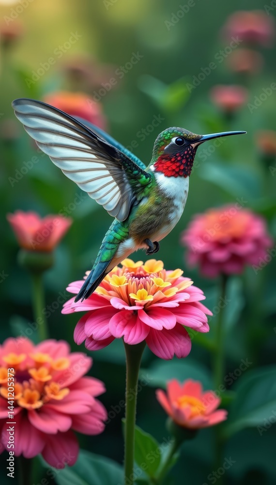 Fototapeta premium Vibrant flower garden with hummingbird wings superimposed, blending nature's elements in a harmonious double exposure, hummingbird, double exposure, garden