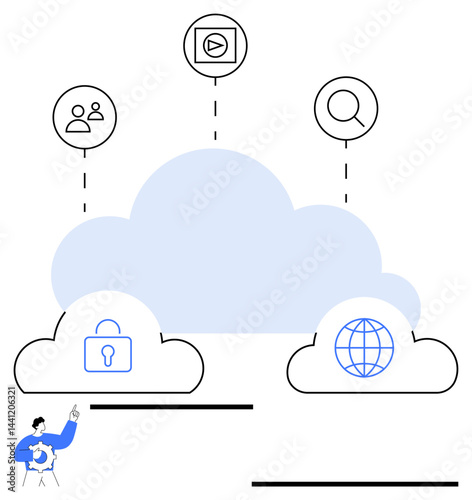 Cloud with icons for security, worldwide network, video media, user interaction, and search. Ideal for technology, data sharing, digital transformation, network storage cloud computing innovation