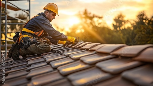 Roofing specialist carefully installs terracotta roof tiles.