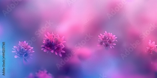 Softly blurred close-up of small purple and pink flowers behind a textured glass surface, creating a dreamy and delicate atmosphere