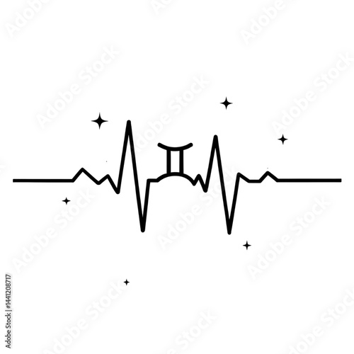 Heartbeat and Gemini Zodiac: Minimalistic Line Art with Astrological Symbolism and Constellations