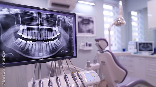 Dentists office with a large digital screen showing a dental X ray