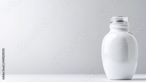 Blank white cosmetic bottle standing on a light grey surface with copy space.