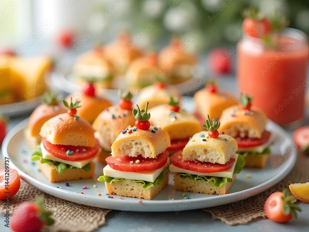 Playful Mini Bites: Playful and colorful mini bites creatively displayed with a dreamy blurred background, bringing a sense of joy and casual celebration. Playful Mini Bites: Playful and colorful mini bites creatively displayed with a dreamy blurred background, bringing a sense of joy and casual celebration.