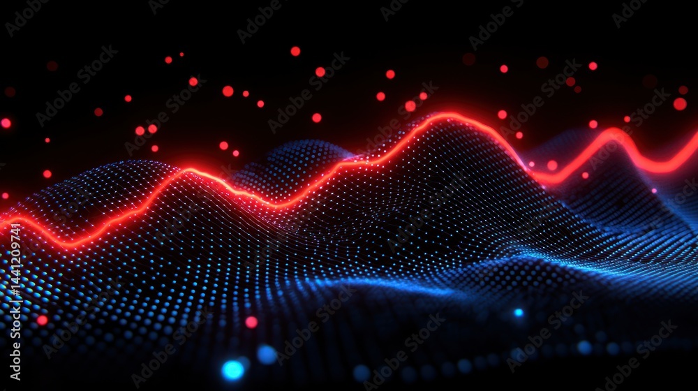 Glowing data mountain red line over blue dot landscape Glowing data mountain red line over blue dot landscape