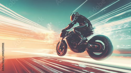 Speed reverie rider of bike takes flight on road guided by generative ai. Reverie Engine. Illustration