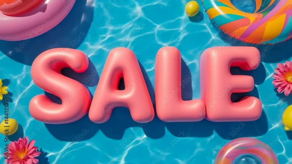 Vibrant poolside sale announcement with floating inflatables and summer vibes