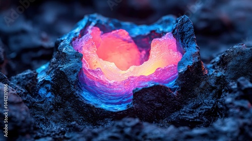 Glowing molten substance amidst dark, rugged terrain