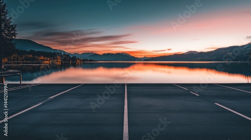 Empty parking lot overlooking a serene lake at sunset, reflecting vibrant colors in the sky and mountains.