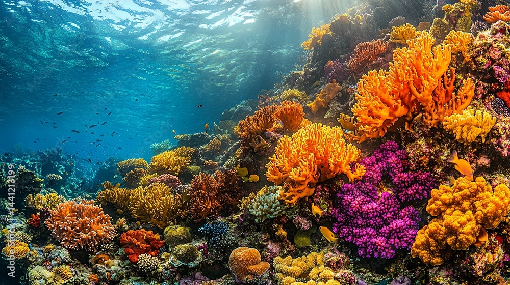 Fototapeta premium Vibrant coral reef teeming with colorful organisms.