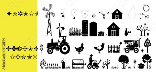 Collection of farming icons featuring tractors windmills livestock crops and agricultural buildings in black silhouette
