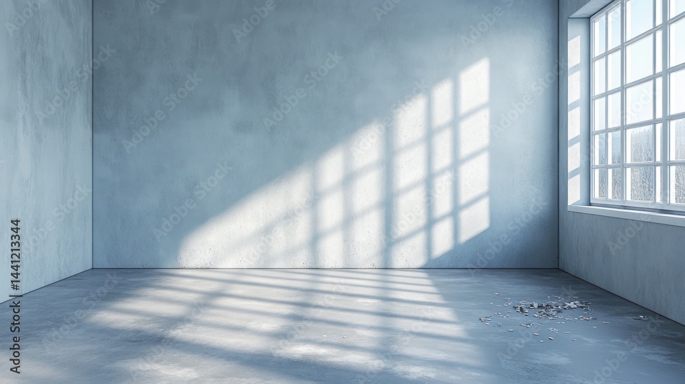 Obraz premium Empty room with concrete walls and floor, sunlight streaming through a large window. Debris on floor.