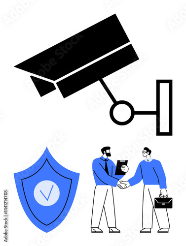 Black surveillance camera, blue shield with checkmark, and two businessmen shaking hands. Ideal for security services, protection assurance, trust-building, business collaboration, professionalism
