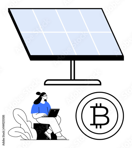 Solar panel symbolizing renewable energy, woman with a laptop representing tech-savviness, and Bitcoin representing cryptocurrency. Ideal for sustainability, innovation, finance, blockchain