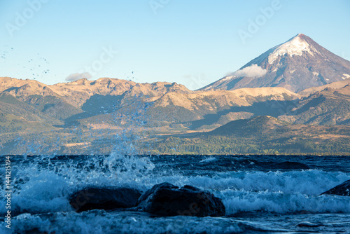 lago huechulafquen and peak of lanin volcano at lanin national park, patagonia, argentina