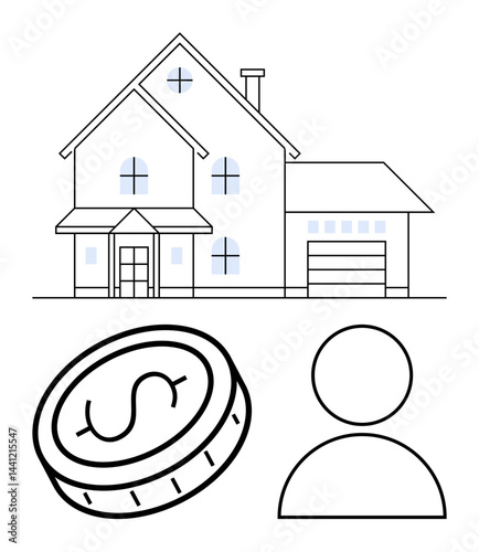 House exterior with coin symbol and user icon, symbolizing homeownership, real estate, and financial concepts. Ideal for property investment, mortgage services, affordability, personal finance