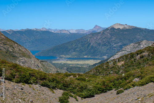 view from base of volcano lanin towards hechulafquen lake at lanin national park, patagonia, argentina