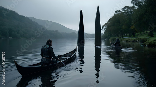 empty banner stretched between two ancient floating monoliths