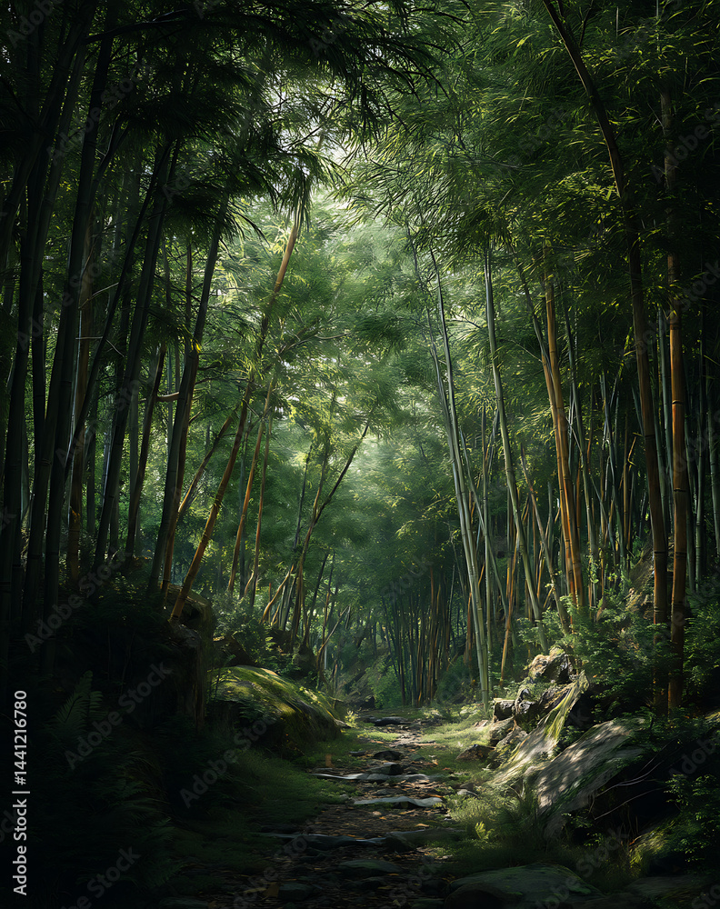 Obraz premium Sun Dappled Path Through Lush Green Bamboo Forest