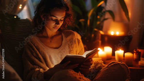 A woman reading a book by candlelight in a cozy room with soft lighting and a relaxed atmosphere