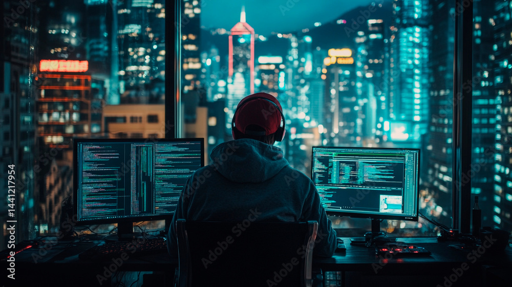 Person coding with dual monitors overlooking a brightly lit cityscape at night from a high rise Person coding with dual monitors overlooking a brightly lit cityscape at night from a high rise