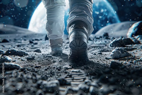 Close-up of an astronaut walking on a rocky lunar surface with visible astronaut footprints under a large planet or moon in the background, evoking exploration and solitude