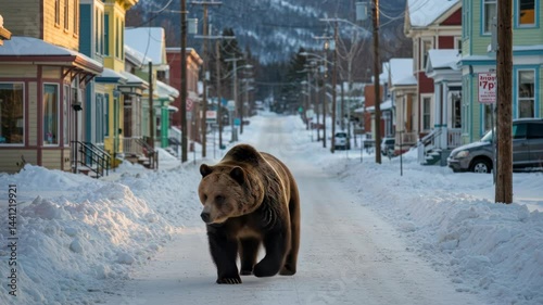 Grizzly bear calmly strolling through snowy mountain town street at dusk