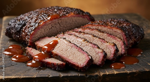 A close up of sliced barbecue brisket with sauce on a wooden board perfect for a delicious meal or dinner