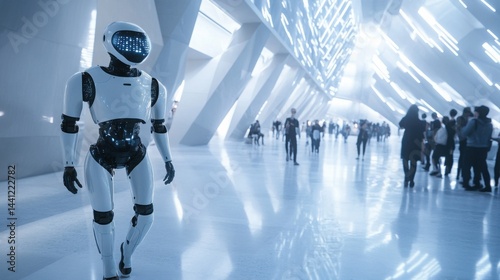 AI-powered humanoid robot interacting naturally with people in a minimalistic futuristic public space