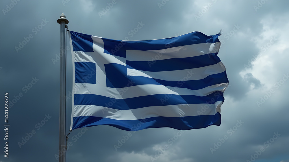 Obraz premium Dramatic HD image of Greece's blue-and-white striped flag waving powerfully against stormy skies. The cross and stripes appear vivid against dark clouds, symbolizing national strength and heritage.