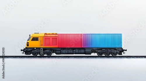 Bright Freight Train with Colorful Containers on a Minimal Background